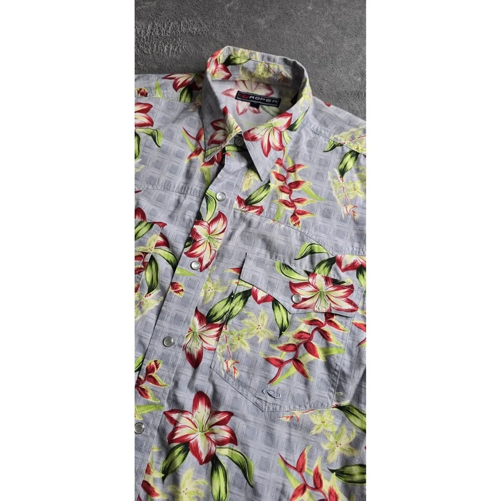 Roper Western Shirt Mens Medium Gray Floral Short Sleeve Hawiian Resort